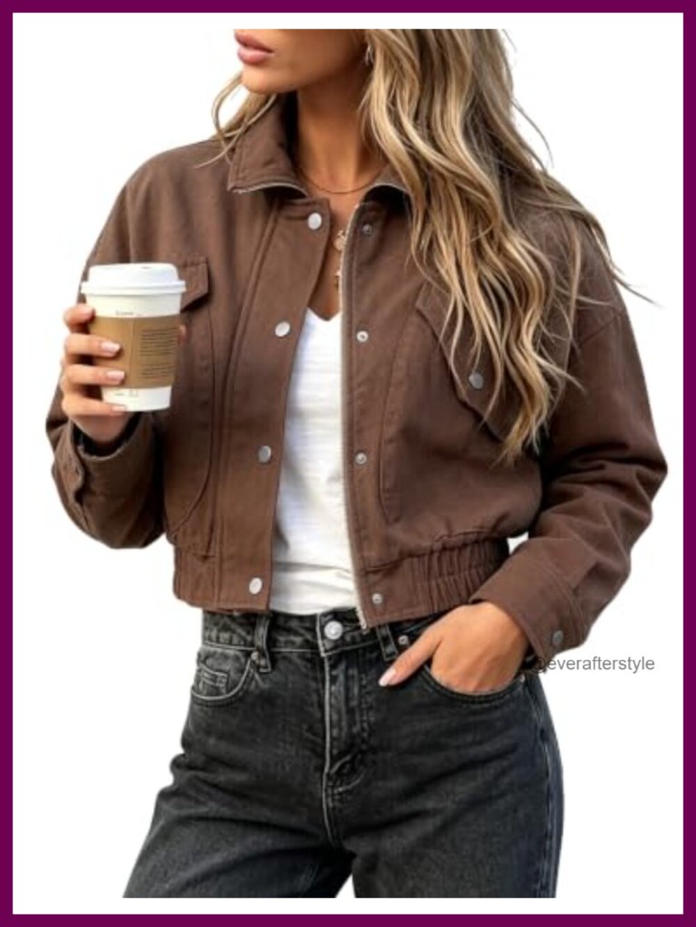 Cropped Bomber Jacket Snap Pockets Cotton Blend Twill Women Casual